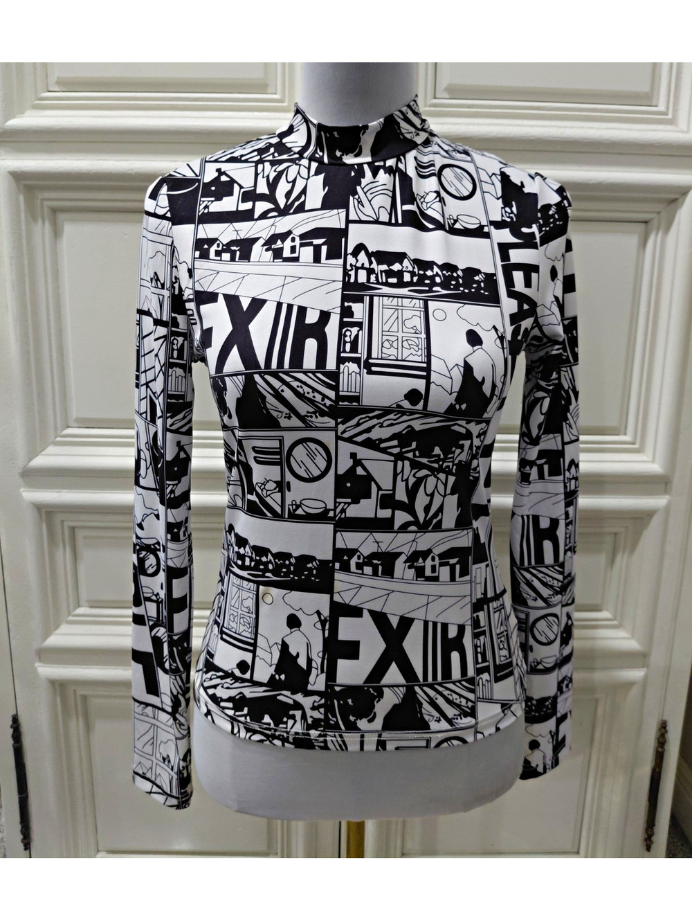 SHEIN Womens Black White Graphic Print Mock Neck Cropped Blouse Long Sleeve M